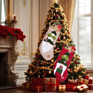 Set of 20-inch Christmas gnome stockings in red and beige burlap for holiday decor