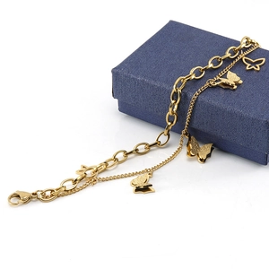 18K gold-plated double-layer stainless steel butterfly charm chain bracelet for women