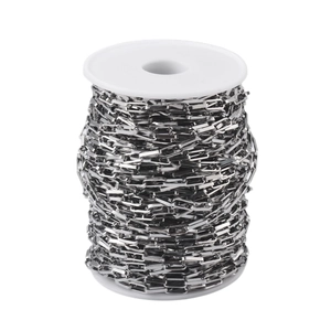 Silver stainless steel long oval box chain wound on a white spool for DIY jewelry making