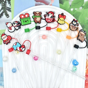 Reusable 10mm Christmas silicone straw covers with Santa, reindeer and penguin charms