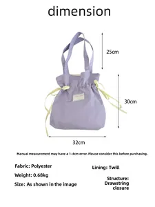 Detailed size chart of purple canvas tote bag with dimensions and material specifications