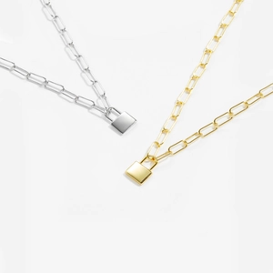 Silver and gold s925 chunky paperclip chain necklace with a square padlock pendant