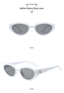 Detailed front and side view of cat-eye sunglasses with white frames and gold rivets
