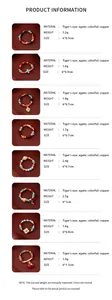 Size chart showing dimensions and weight for eight vintage tiger eye and agate elastic rings