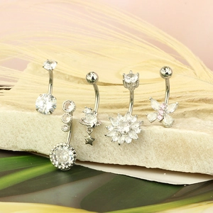 Set of 5 stainless steel belly rings with zircon stars and butterfly charms for women