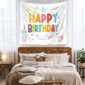 Close-up of a colorful Happy Birthday wall tapestry with rainbow cakes and festive patterns