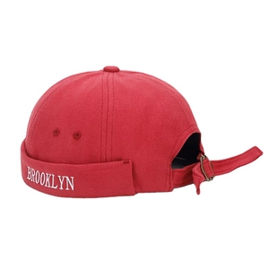Retro red canvas melon cap with white Brooklyn embroidery and adjustable strap