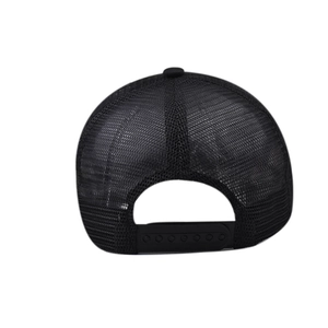 Adjustable black trucker hat featuring breathable mesh back and classic snapback closure