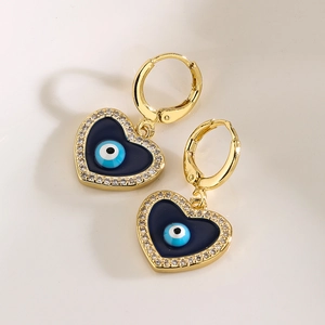 Ohrringe 18K vergoldet Herzform mit blauem Emaille-Auge und Zirkonia für Damen