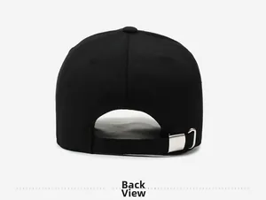 Detailed back view of a black baseball cap with adjustable silver metal buckle strap