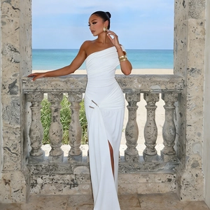 Elegant white one-shoulder maxi dress with ruched details and sexy side slit for women