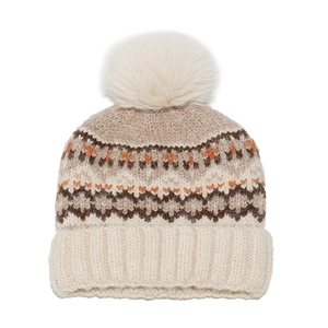 Detailed knit pattern on Fair Isle beanie with geometric motifs and pom-pom accent