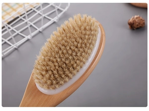 Detailed view of high-density natural bristles on an oval wooden bath brush head