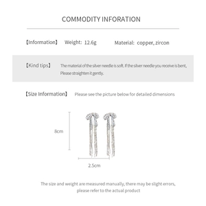 Detailed size specifications for zircon bow tassel earrings featuring 8cm length and copper material
