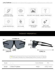 Detailed sizing chart and technical specifications for sport cycling sunglasses