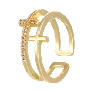 Double-layer gold cross open ring with pink zircon stones shown at 45-degree angle