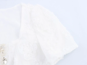 Detail shot of 3D lace floral textures and delicate beadwork on a white square neck dress