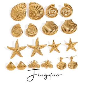 Detailed collection of gold starfish and seashell stud earrings on a white background