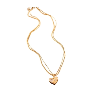 Double-layered gold-plated heart pendant necklace with a pink gemstone for women