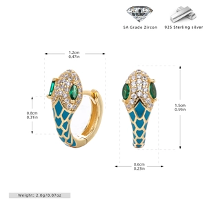 Detailed dimension guide for gold snake hoop earrings with blue enamel and 5A zircon