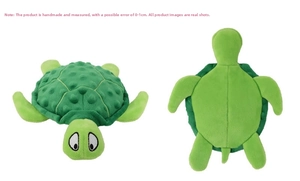 Detailed views of plush turtle dog toy showing soft texture and green dotted shell pattern