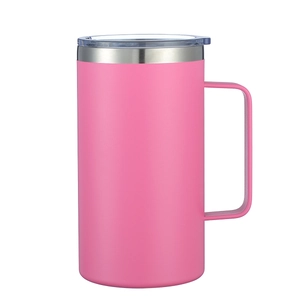 Detailed view of the pink matte stainless steel mug with a large ergonomic handle