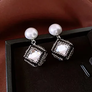Retro French Cubic Zirconia Geometric Cube Artificial Pearl Earrings With 925 Sterling Silver Earring Post Luxury Jewelry Women