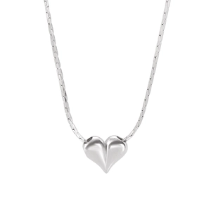 Close-up of a silver heart pendant necklace with a sleek flat snake chain on white background