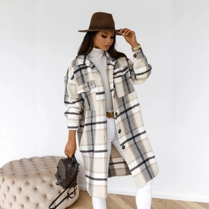 Women's warm plaid wool coat with long lapels and button closure in khaki check pattern