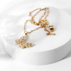Elegant 18K gold plated stainless steel butterfly necklace with crystal cubic zirconia