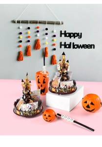 Halloween tiered tray set with castle snack boxes featuring ghost and pumpkin patterns