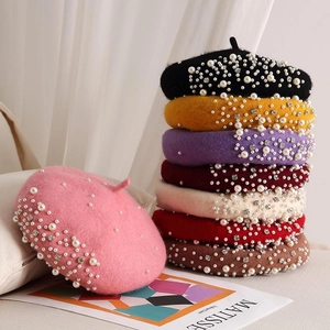 Elegant wool beret with pearls and rhinestones decoration in various stylish colors