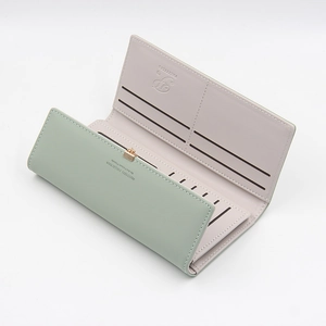 Green and pink PU leather tri-fold wallet for women with multi-card slots and leaf pendant