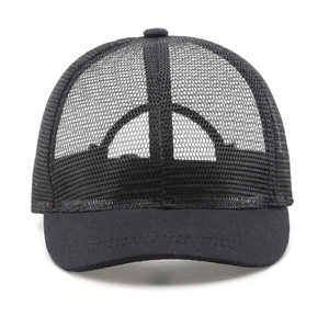 Breathable black mesh trucker hat with short brim for outdoor sports and casual streetwear