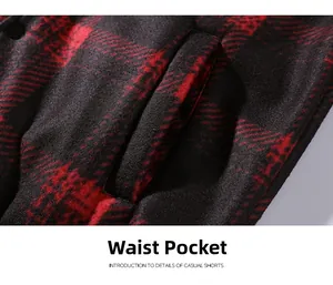 Detail view of red and black checkered jacket side waist pocket with reinforced stitching