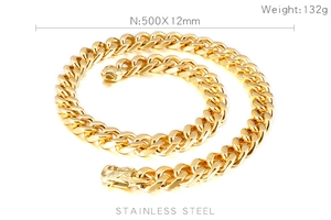 Detailed view of golden stainless steel Cuban chain necklace with 500x12mm size details