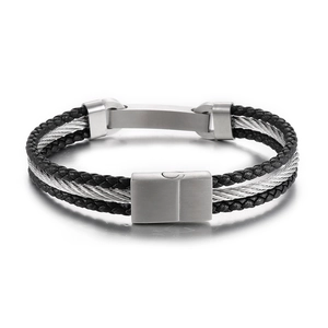 Men's multi-layer braided leather and stainless steel wire bracelet with magnetic clasp