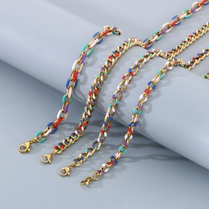 Gold stainless steel colorful enamel Cuban chain necklace with secure lobster clasp