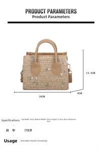 Detail view of woven straw bag with floral embroidery showing size 16x13.5x8cm