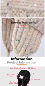 Detail view of colorful knitted beanie showing textured material and ear protection sizing