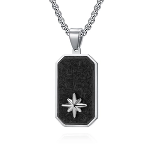 Forged carbon fiber military tag pendant with octagonal star on stainless steel chain