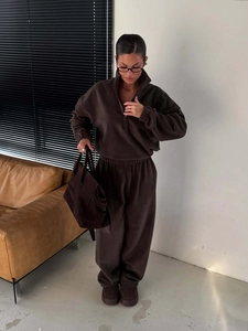 Brown fleece half-zip sweatshirt and wide-leg jogger set with cozy aesthetic style