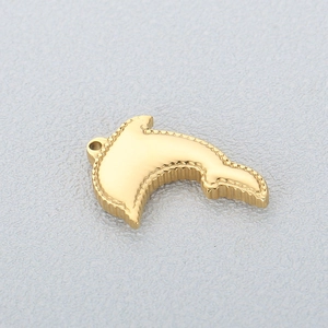 Golden dolphin pendant in stainless steel with textured edges on a gray background