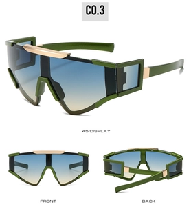 Detailed views of olive green cycling sunglasses with gradient lenses and gold accents