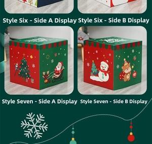 Detail view of square Christmas gift boxes featuring festive Santa and reindeer patterns