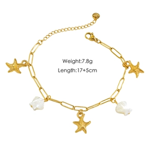 Detailed view of ocean-themed stainless steel bracelet with starfish charms and size specs