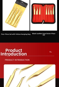 Detailed set of precision stainless steel eyelash extension tweezers in a leather case