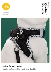 Detail of black pet harness featuring breathable mesh and blue plaid trim with D-ring