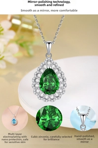 Detail of water drop emerald pendant with halo setting and polished silver plating