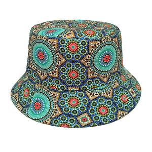 Double-sided reversible bucket hat with colorful vintage kaleidoscope geometric patterns